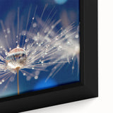 Close-up of water droplets on vibrant green leaf, vintage poster art on framed canvas, ideal for living room decor.