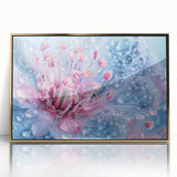Close-up nature image on a large acrylic print with gold frame, featuring water design in muted blue and green hues.