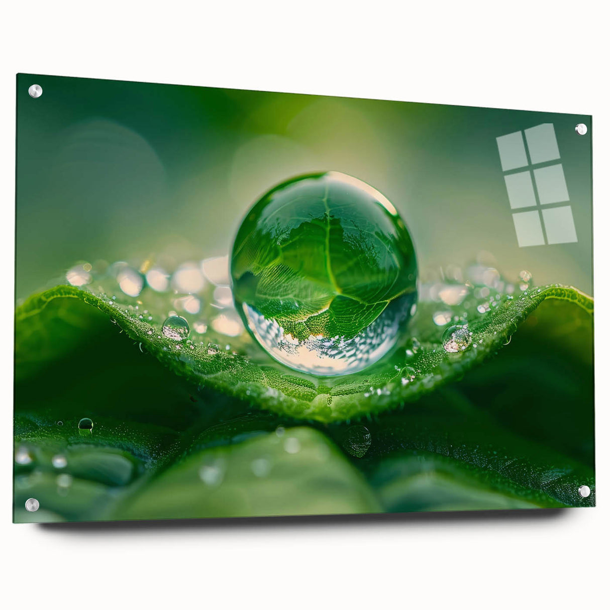Close-up water design on large acrylic glass, featuring blue and white swirling patterns.