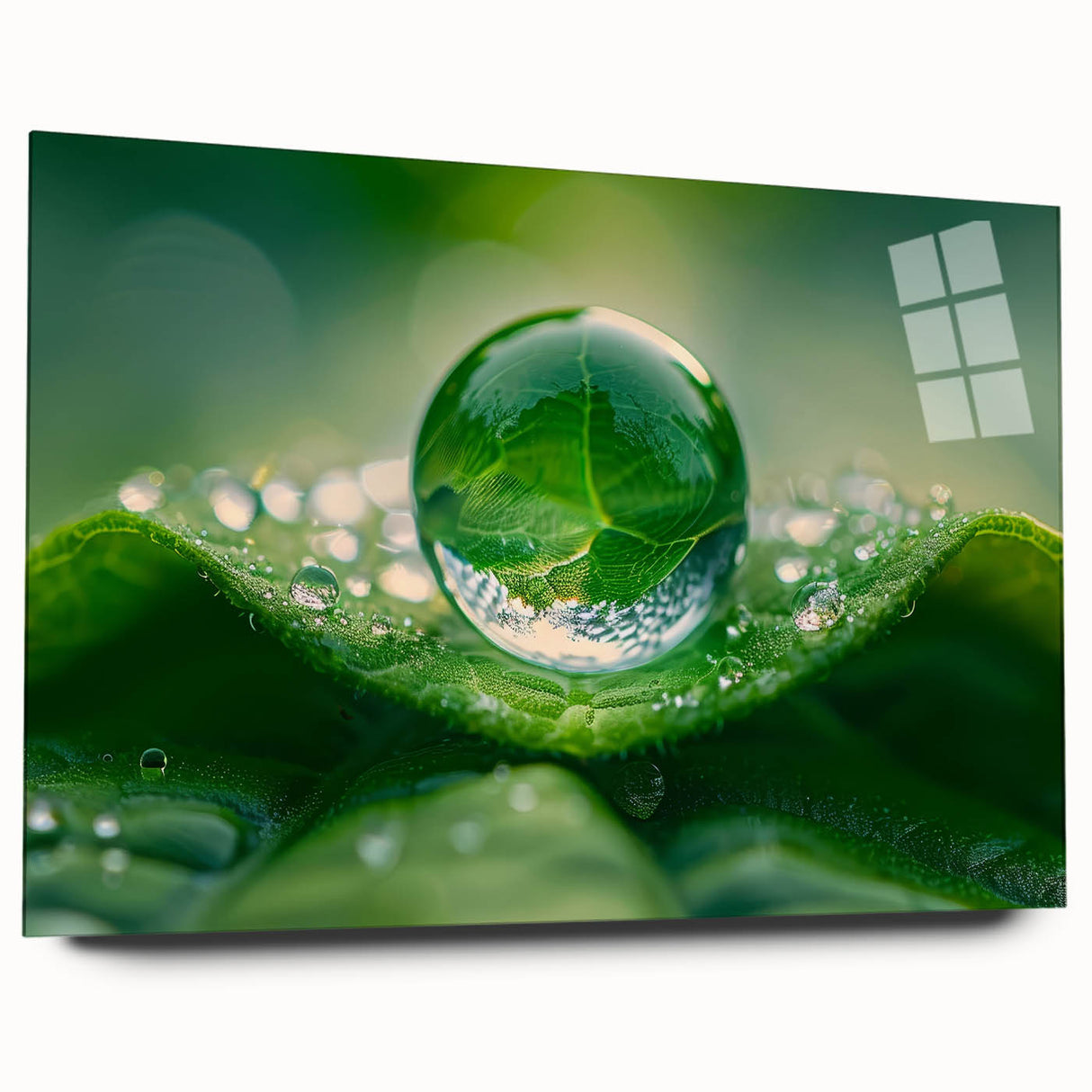 Large abstract wall art on acrylic glass featuring swirling blue and green patterns.