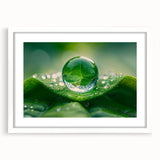 Abstract art print featuring swirling blue and green patterns on a white framed canvas, ideal for dining room decor.