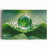 Black and white close-up photo of water droplets on a leaf, printed on large stretched canvas, suitable for kitchen wall art.