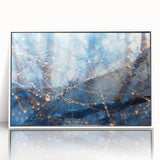 Close-up of water droplets on lush greenery in a white framed acrylic, featuring art deco style.