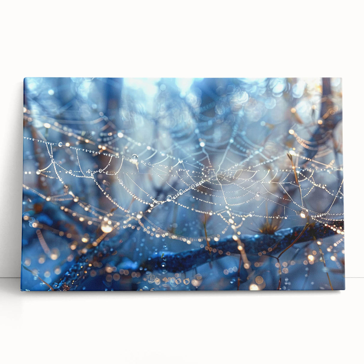Black and white close-up photo of water droplets on a leaf, printed on large stretched canvas, ideal for kitchen wall art.