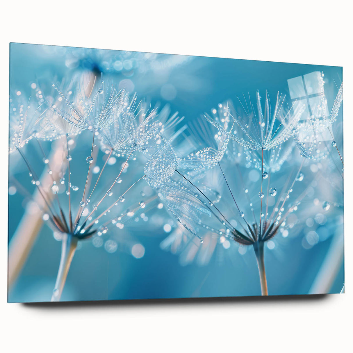 Large abstract wall art featuring swirling blue and teal patterns on acrylic glass.