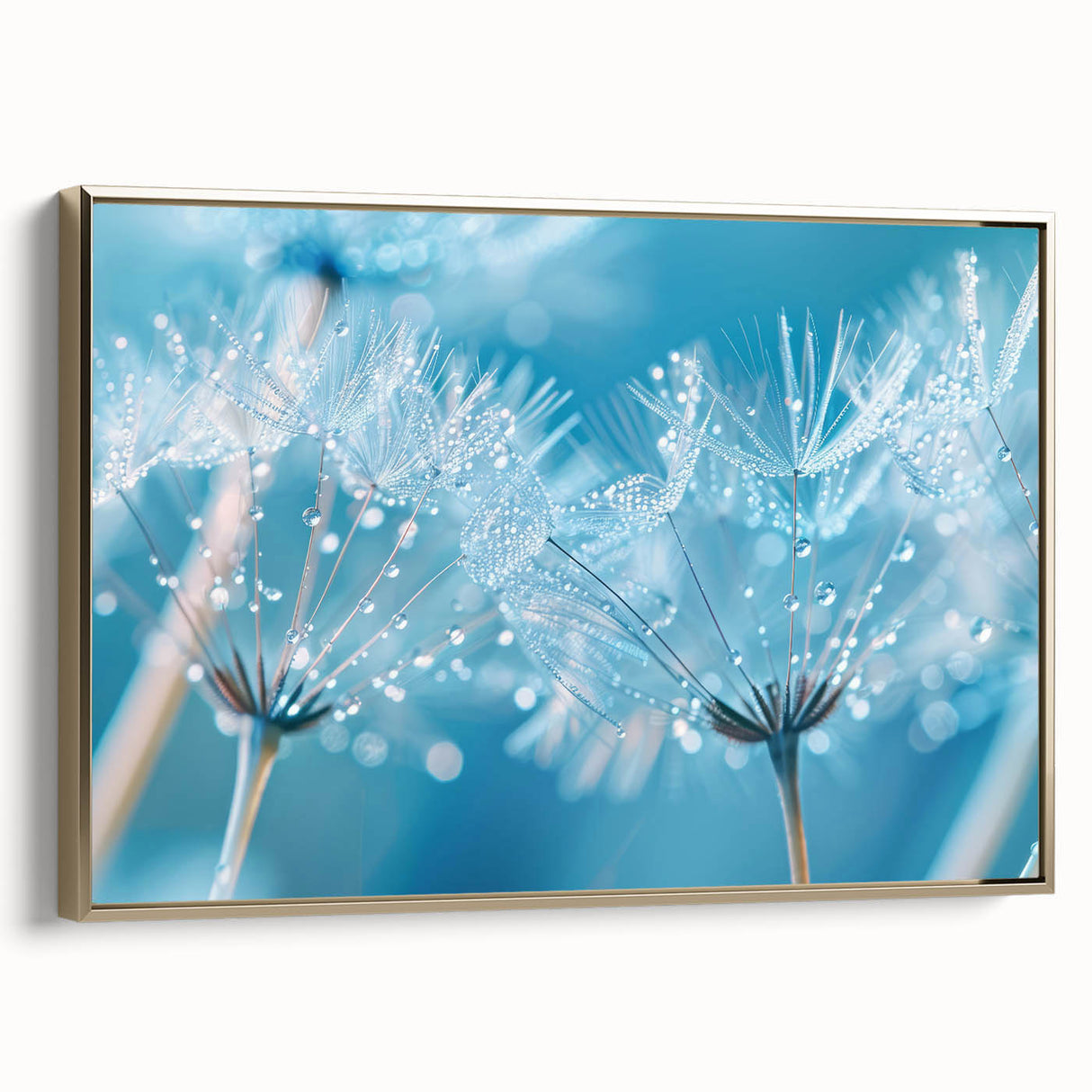 Framed canvas depicting serene lake landscape in muted blue and green, ideal for bedroom wall art.