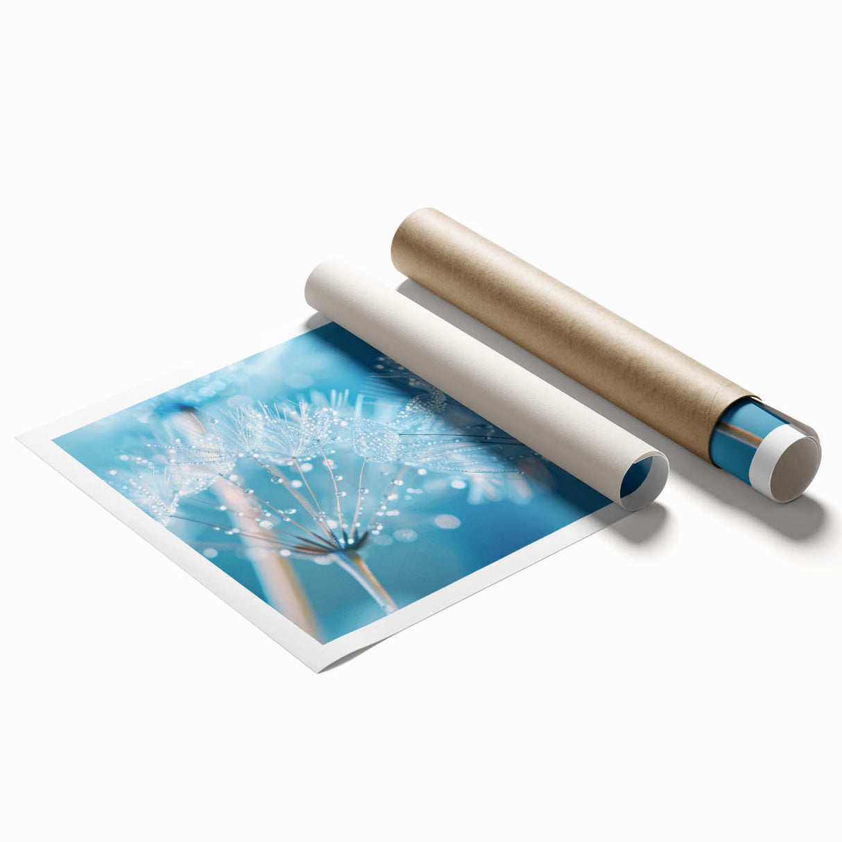 Extra large rolled print featuring close-up water droplets on vibrant green leaves, ideal for classy bathroom wall art.