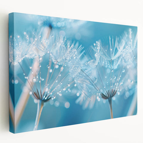 Close-up water droplets image on a stretched canvas, showcasing muted blue and gray tones, ideal for kitchen wall art.