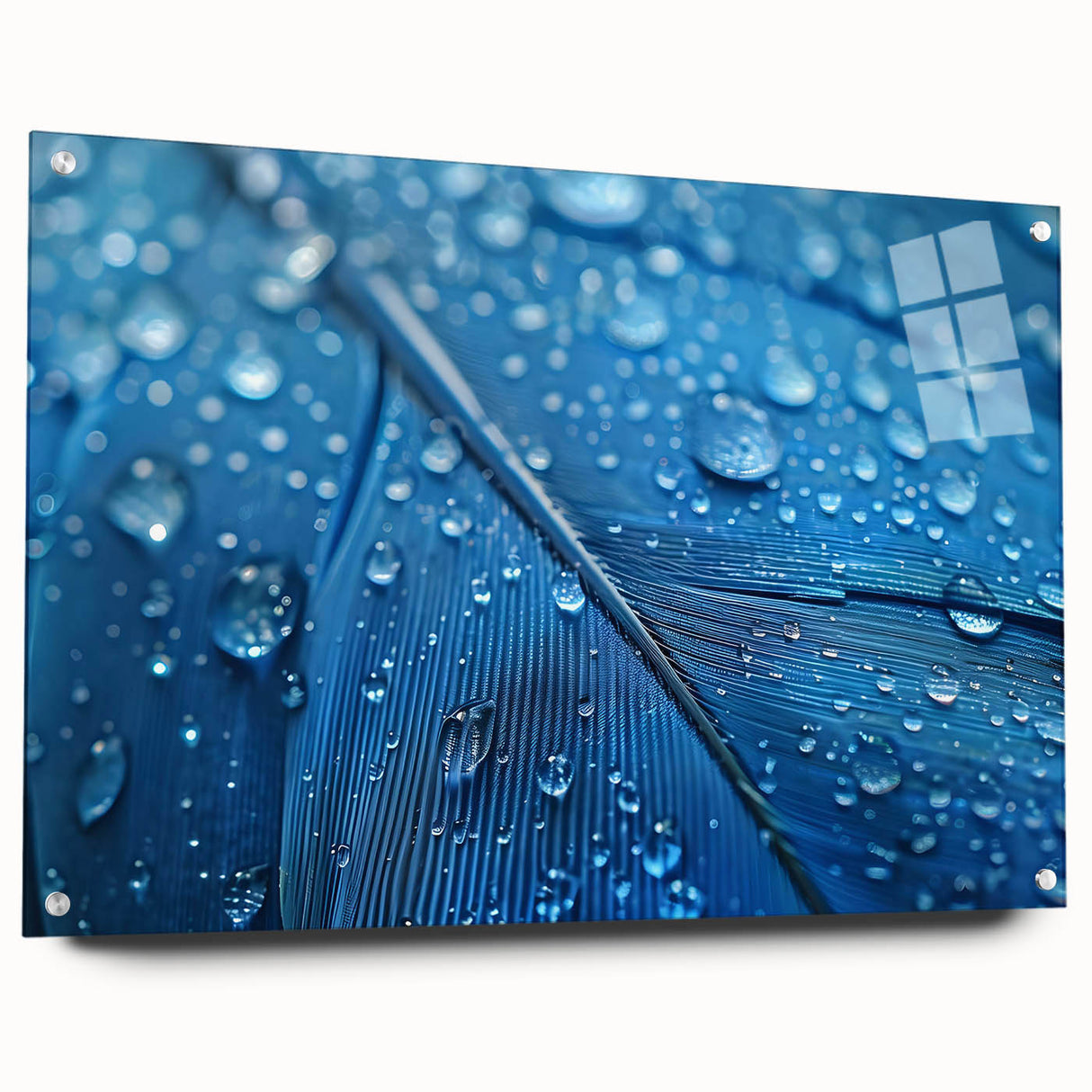 Close-up view of water ripples on large abstract acrylic wall art in muted blue tones.