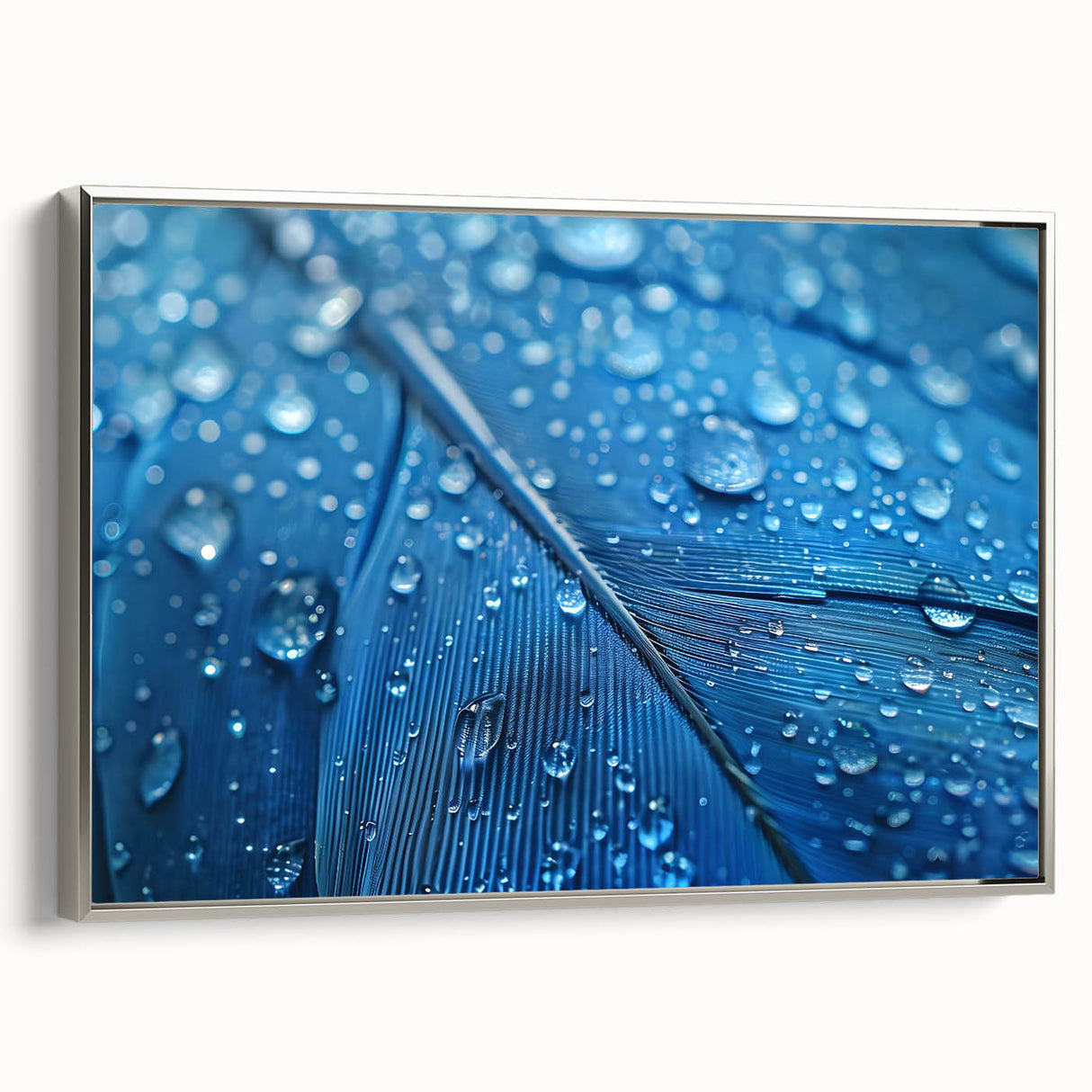 Framed canvas featuring a close-up water landscape in vibrant blue and silver tones, ideal for modern living room decor.