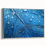 Framed canvas featuring a close-up water landscape in vibrant blue and silver tones, ideal for modern living room decor.