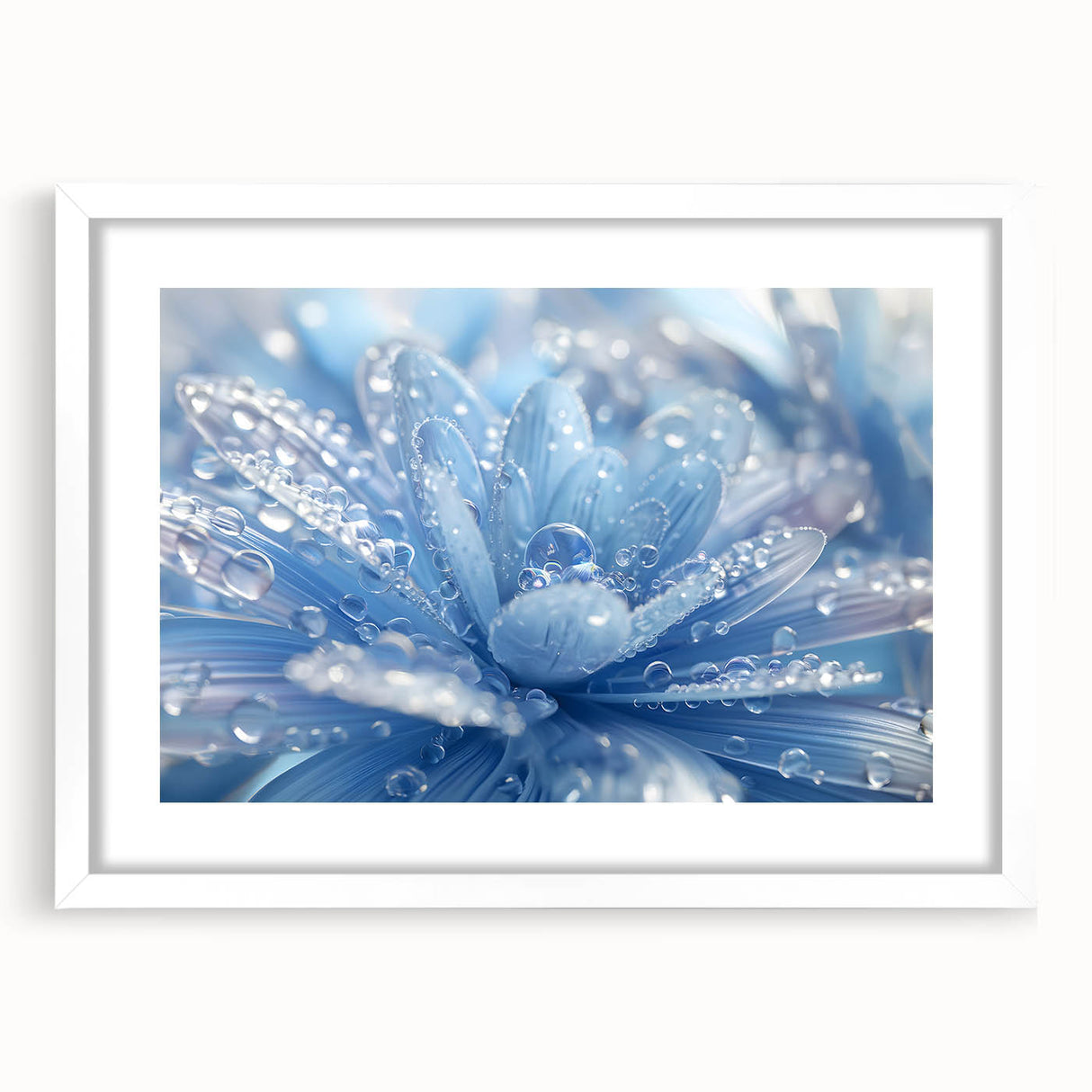 Abstract art print featuring close-up water design in blue and white tones, framed with a white mat.