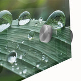 Large abstract wall art print on acrylic glass featuring swirling blue and green patterns, ideal for dining room decor.