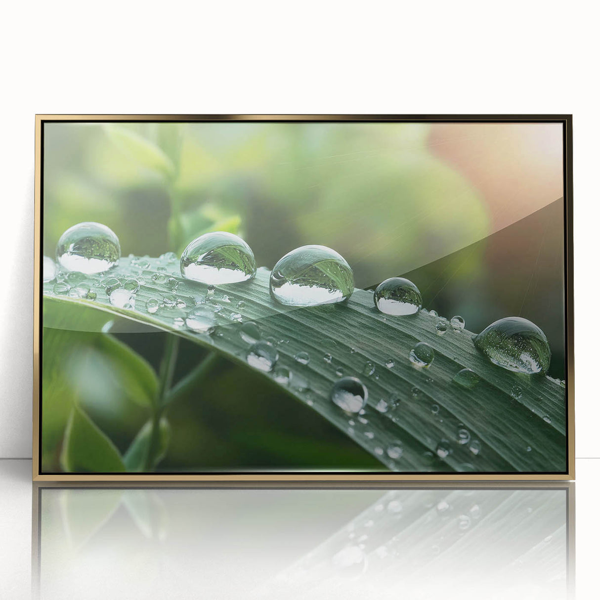 Close-up water design on large art print, framed in gold acrylic, in mid-century modernist style.