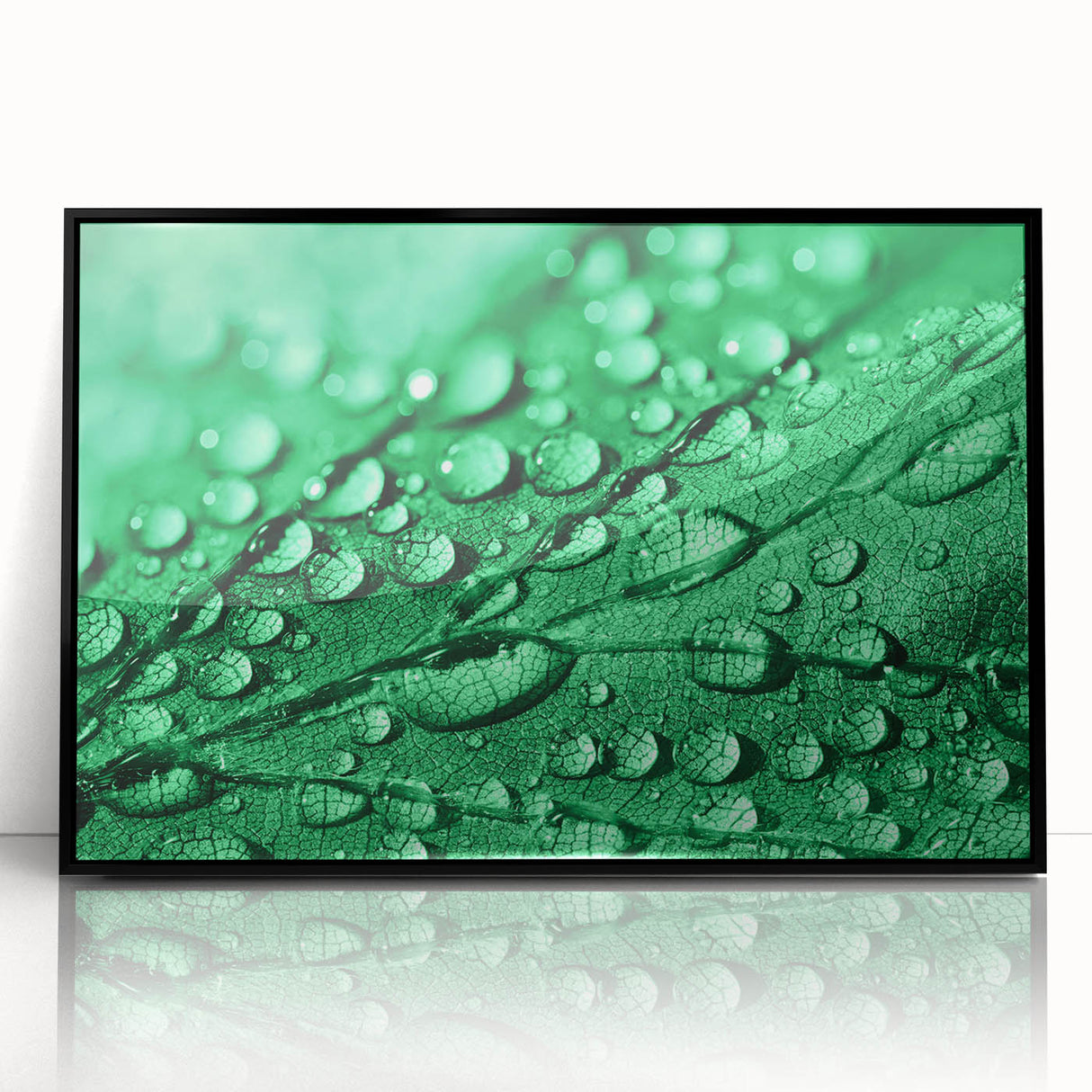 Large abstract wall art depicting water close-ups in blue and teal, acrylic print with black frame.