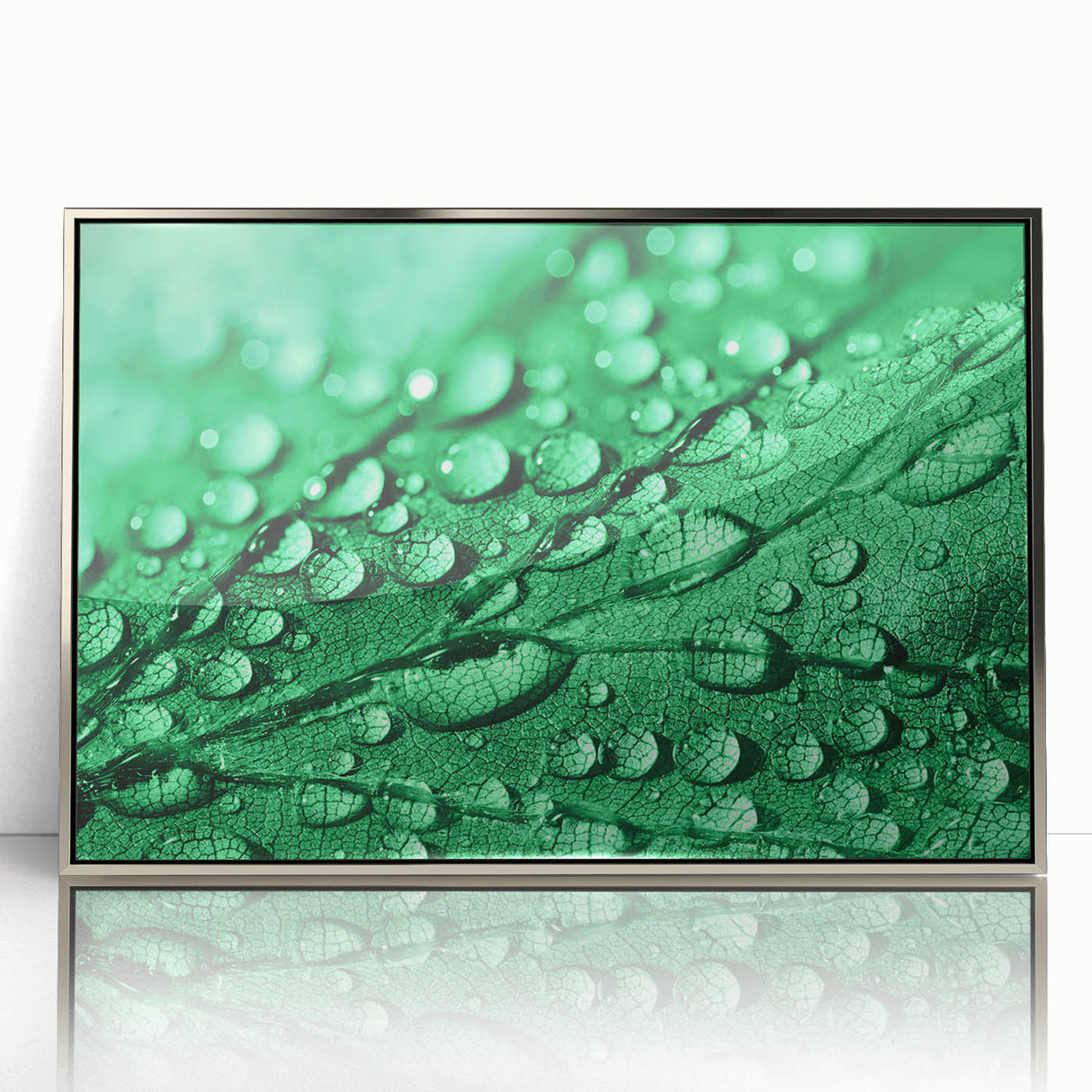 Mid-century modernist art of water close-up in silver framed acrylic, with cool blue tones, ideal for nursery wall art.