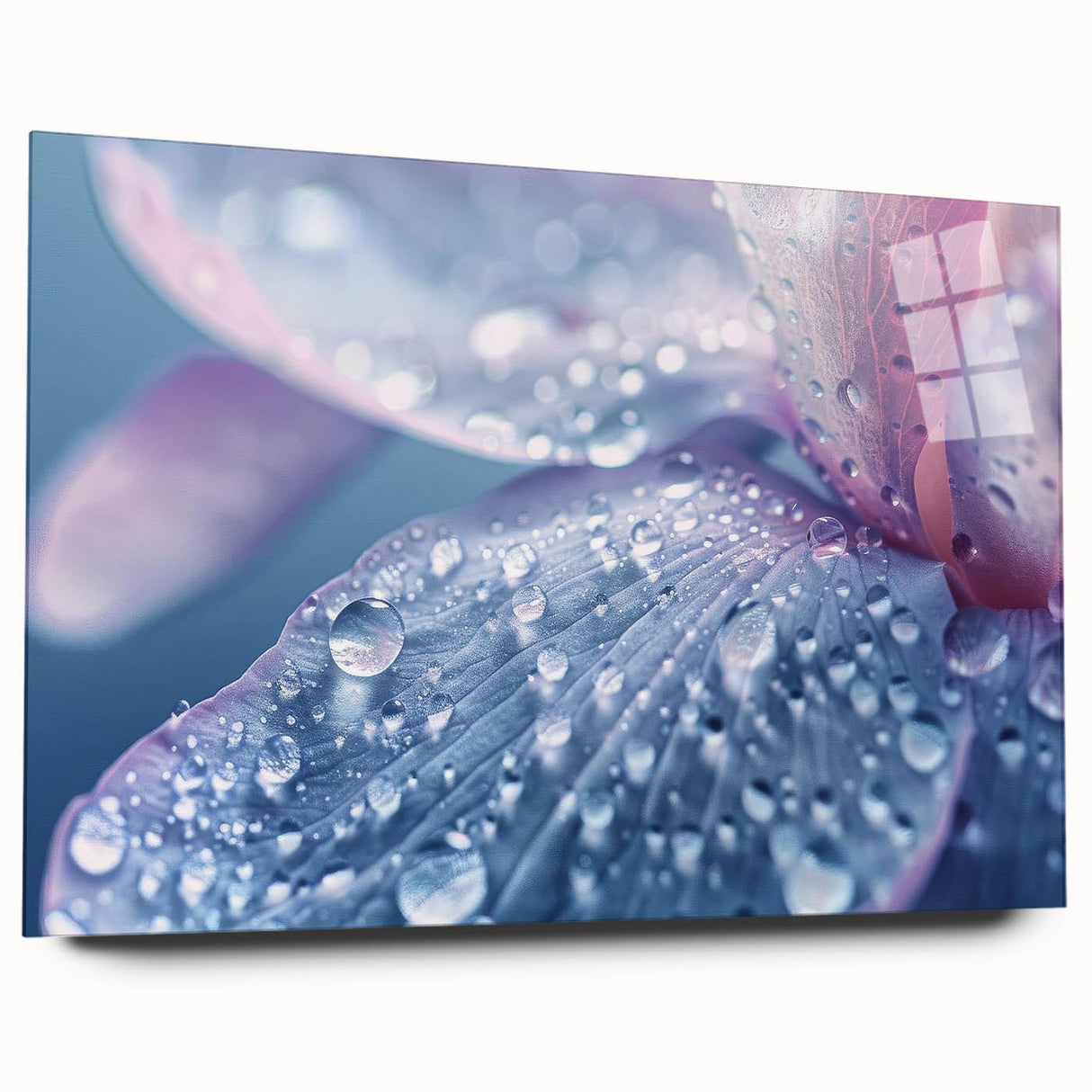 Large abstract wall art depicting water ripples in muted blue and gray tones on acrylic glass.
