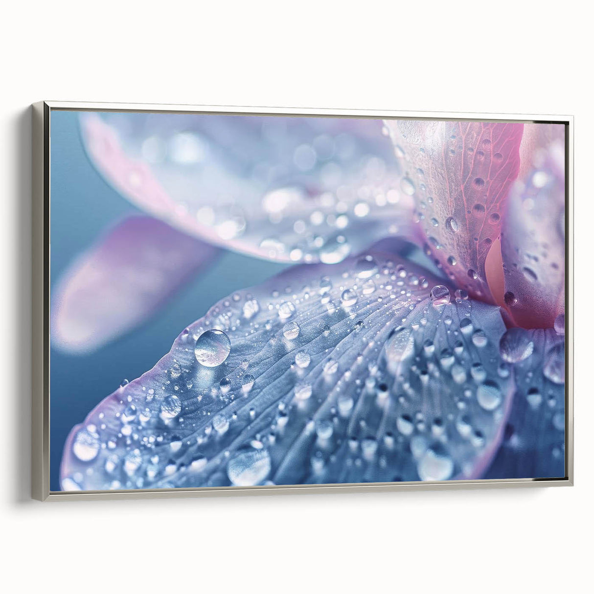 Framed canvas featuring a close-up landscape painting with vibrant water motifs in shades of blue and green.