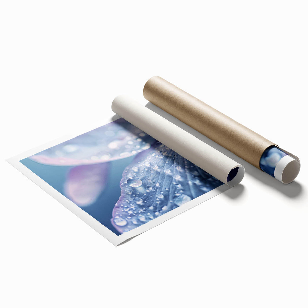 Close-up floral art on rolled print featuring soft pink and white flowers, ideal for classy bathroom wall art.
