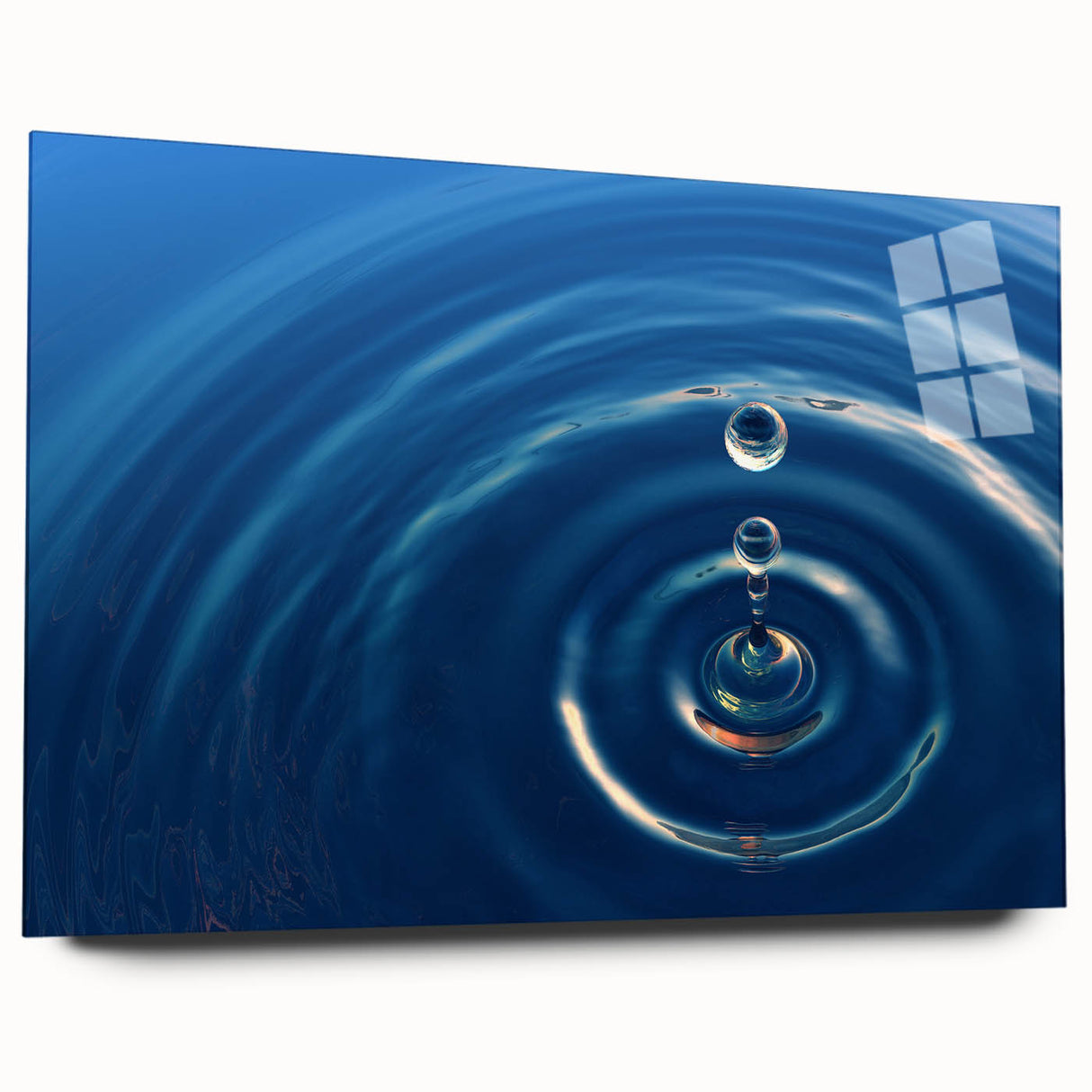 Large abstract wall art depicting water close-ups in blue and green hues on acrylic glass.