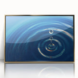Close-up of water droplets on leaf, large art print in gold frame, mid-century modernist style.