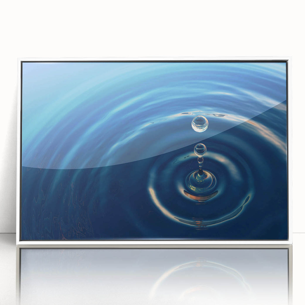Art deco poster depicting water droplets on a vibrant leaf, framed in white acrylic, suitable for modern nursery decor.