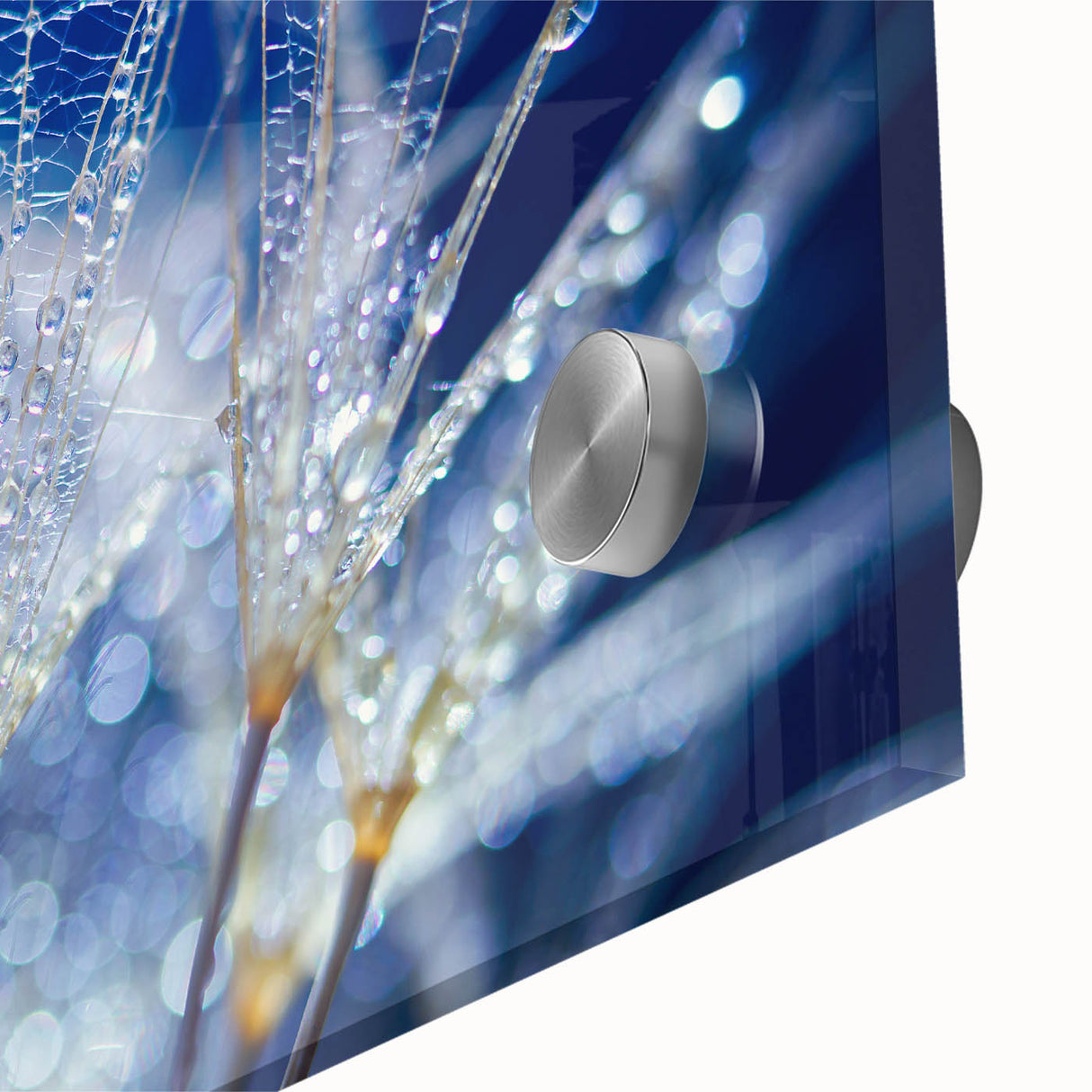 Close-up of water droplets on glass in cool blue tones, acrylic print, suitable for bedroom or dining room art.