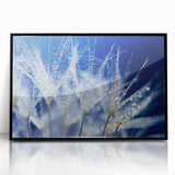 Framed acrylic print of large abstract wall art featuring swirling blue and white patterns.