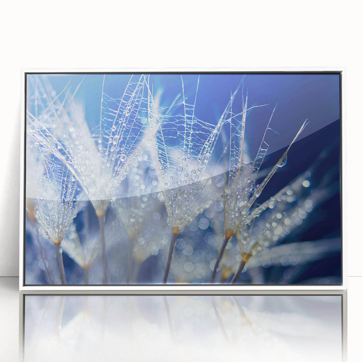 Acrylic print of close-up water droplet design in a white frame, ideal for modern nursery wall art.