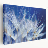 Close-up image of water droplets on vibrant green leaf, printed on stretched canvas, suitable for kitchen wall art.