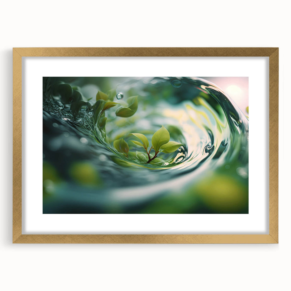 Extra large abstract art print featuring textured water design in blue and white tones, framed in gold.