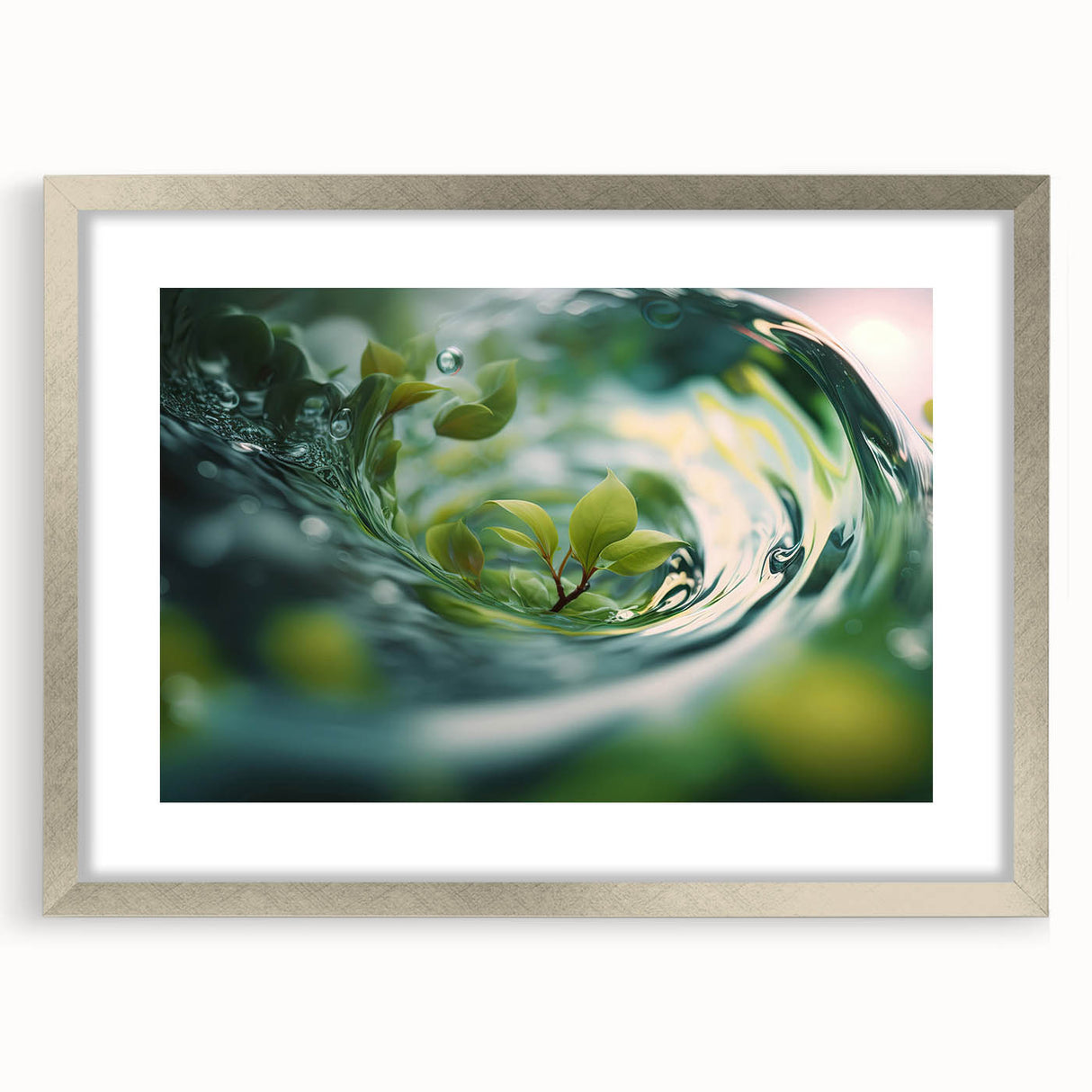 Textured abstract art print in blue and green hues, framed in silver, suitable for bedroom decor.