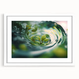Abstract art print featuring swirling blue and white patterns on a framed canvas, suitable for dining room or bedroom decor.