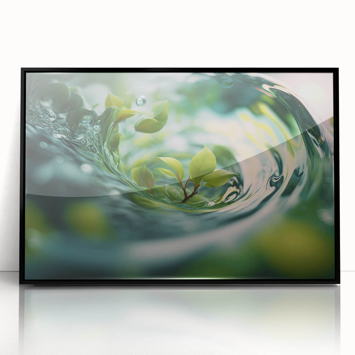 Large abstract wall art depicting water ripples in muted blue and gray tones on a framed acrylic.