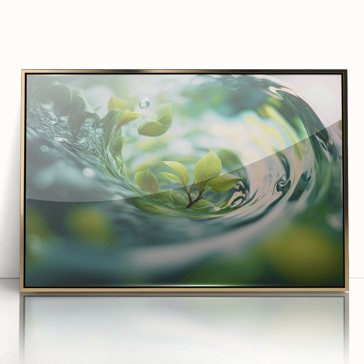 Large acrylic print of a close-up water design in gold tones, framed, in a mid-century modernist style.