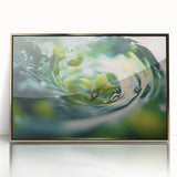 Large acrylic print of a close-up water design in gold tones, framed, in a mid-century modernist style.