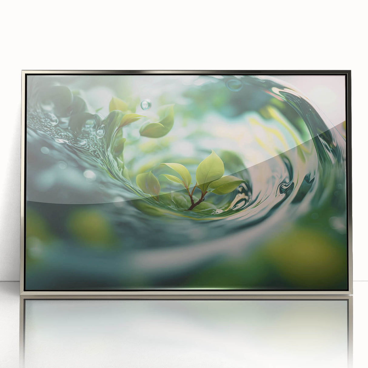 Mid-century modernist art of water close-ups in muted blue and silver tones, framed acrylic, ideal for modern art wall decor.
