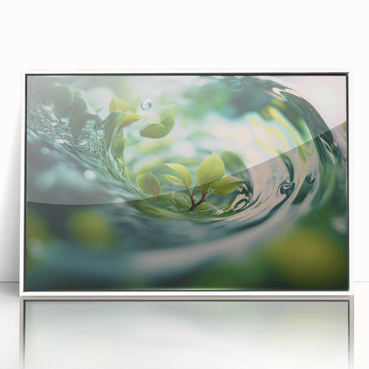 Acrylic print of close-up water design in white frame, featuring soft blue tones, ideal for modern nursery wall art.