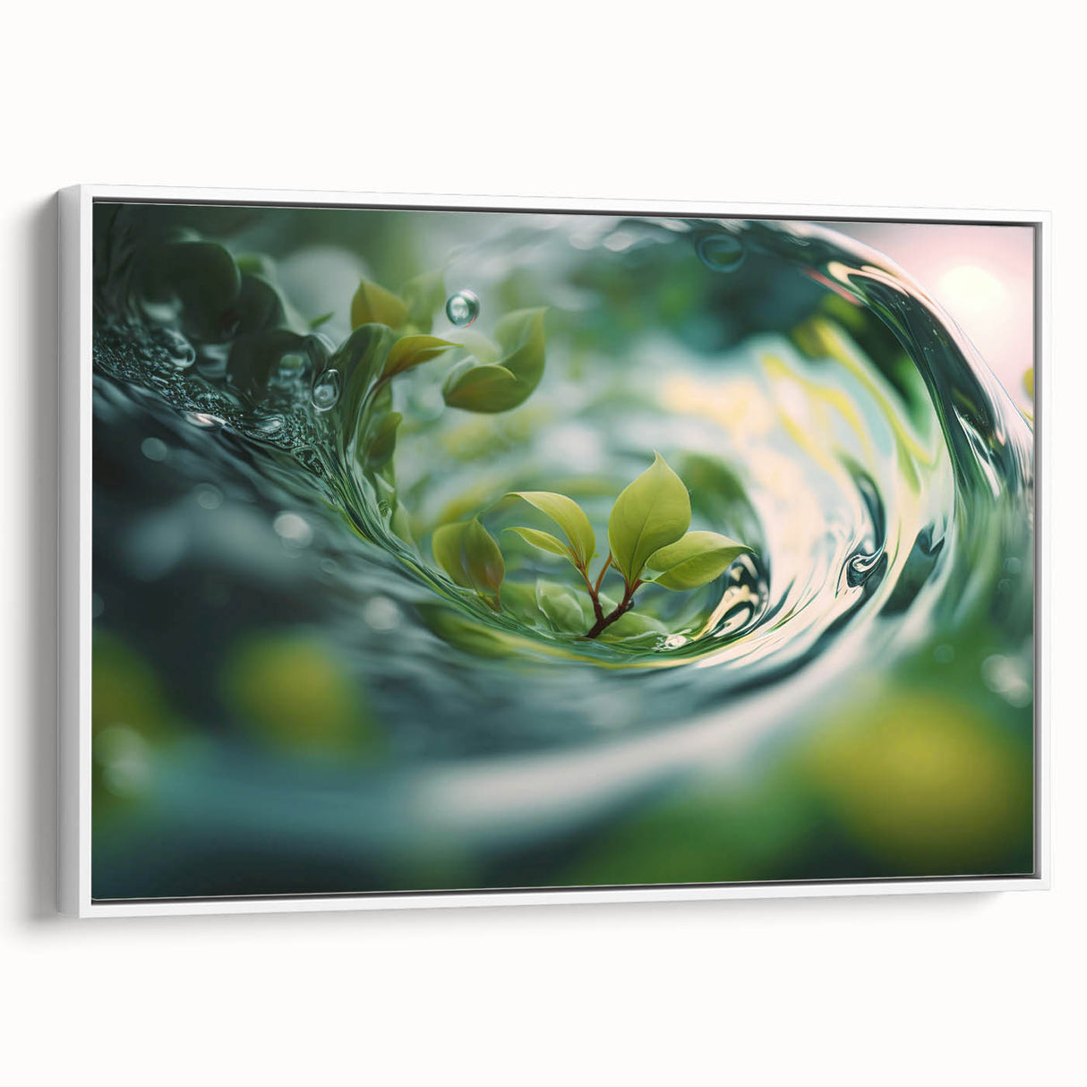 Vintage poster art depicting a close-up of water droplets, in a black frame on canvas.