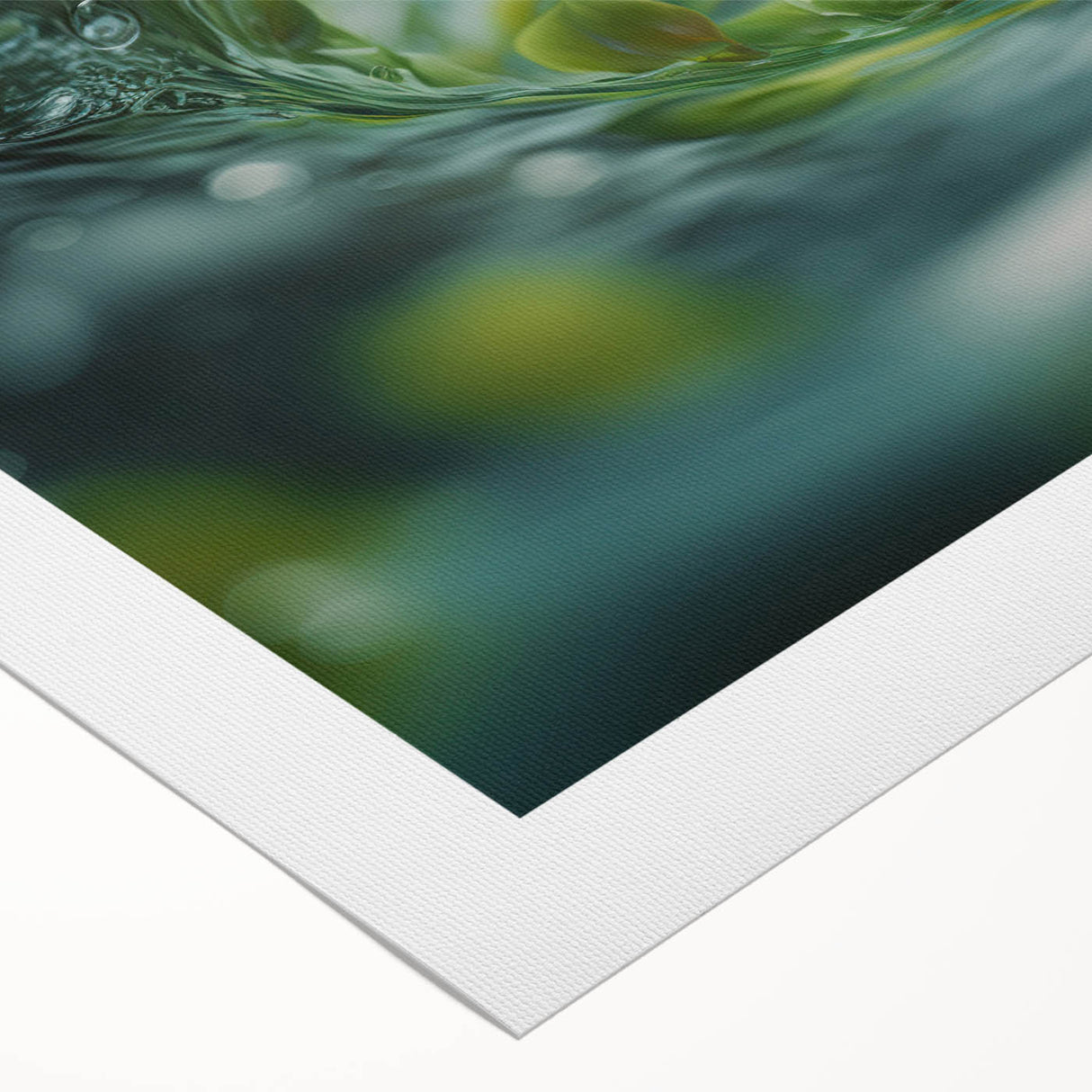 Art deco poster featuring a close-up water design in blue and silver tones on rolled canvas.
