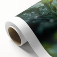 Art Deco style poster of water droplets on green foliage, in soft green and blue tones on rolled canvas.