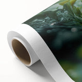 Art Deco style poster of water droplets on green foliage, in soft green and blue tones on rolled canvas.