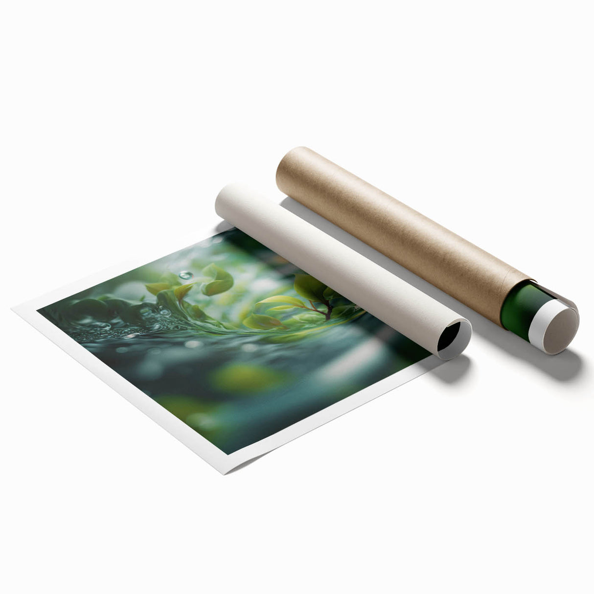 Close-up of water droplets on vibrant green leaves, extra large rolled print, ideal for classy bathroom wall art.