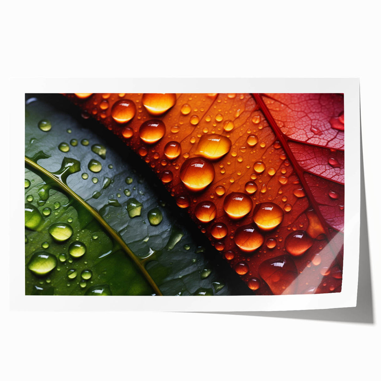 Close-up floral art on rolled print featuring vibrant green and pink hues, ideal for dining room or bathroom wall decor.