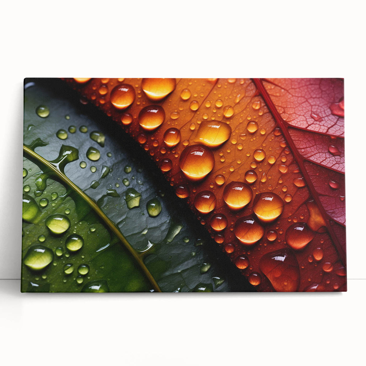 Black and white close-up of water droplets on a surface, printed on a large stretched canvas, ideal for kitchen wall art.