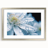 Textured art print of abstract water ripples in blue and silver tones, framed with a silver mat, ideal for bedroom decor.