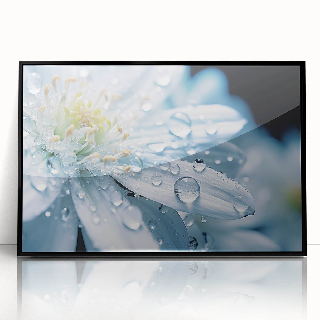 Large abstract wall art featuring swirling blue and white patterns on a framed acrylic, ideal for modern living room decor.