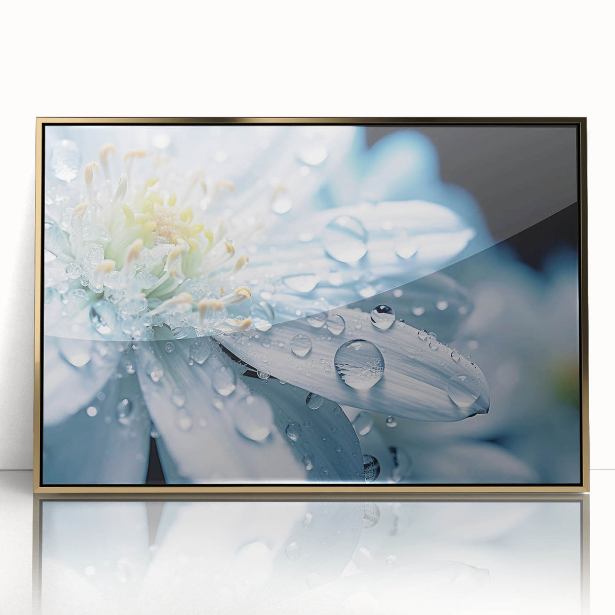 Framed acrylic print of a close-up water design in gold and blue tones, ideal for modern art wall decor.