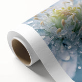 Art Deco poster of stylized water lilies in muted blues and greens on rolled canvas, ideal for nursery wall art.