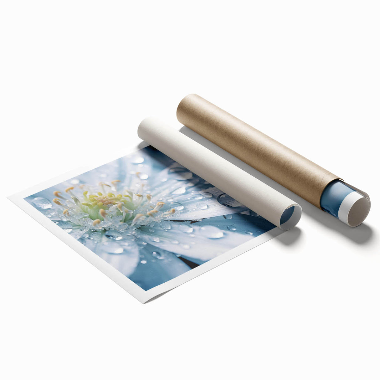 Extra large rolled print of a close-up water droplet on a leaf, in vibrant green and blue tones.